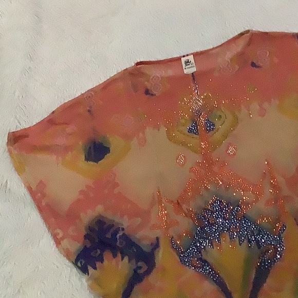 S twelve women’s orange rhinestone sheer boho kimono sleeve top size large - Picture 2 of 9